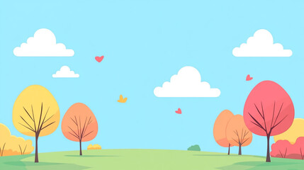A beautiful 2D flat illustration autumn scene with trees and clouds in the sky.