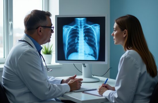 caucasian doctor and nurse discussing patient's x-ray in hospital. healthcare and medicine, medical care, emergency treatment, professionals at work