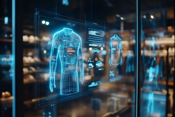 An interactive holographic screen showcasing digital fashion design, blending creative art with cutting-edge technology in the conceptualization of modern attire.