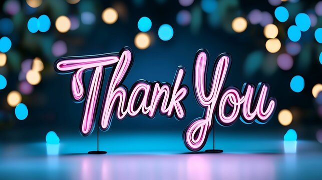 Thank you card featuring artistic celebration elements. A glowing "Thank You" sign with colorful bokeh lights in the background, creating a festive and appreciative atmosphere.