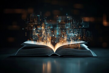 An open book projects a digital cityscape, symbolizing the intersection of knowledge and technology and the transformative potential of modern information.