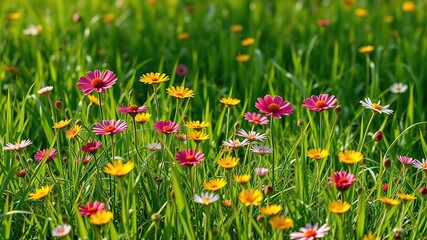 Fototapeta premium vibrant wildflowers blooming amidst a lush carpet of grass, wildflower field, garden flowers