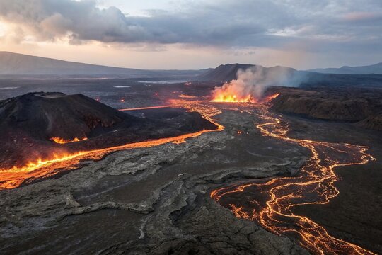 Volcanic landscape with burning lava, lava, geological features