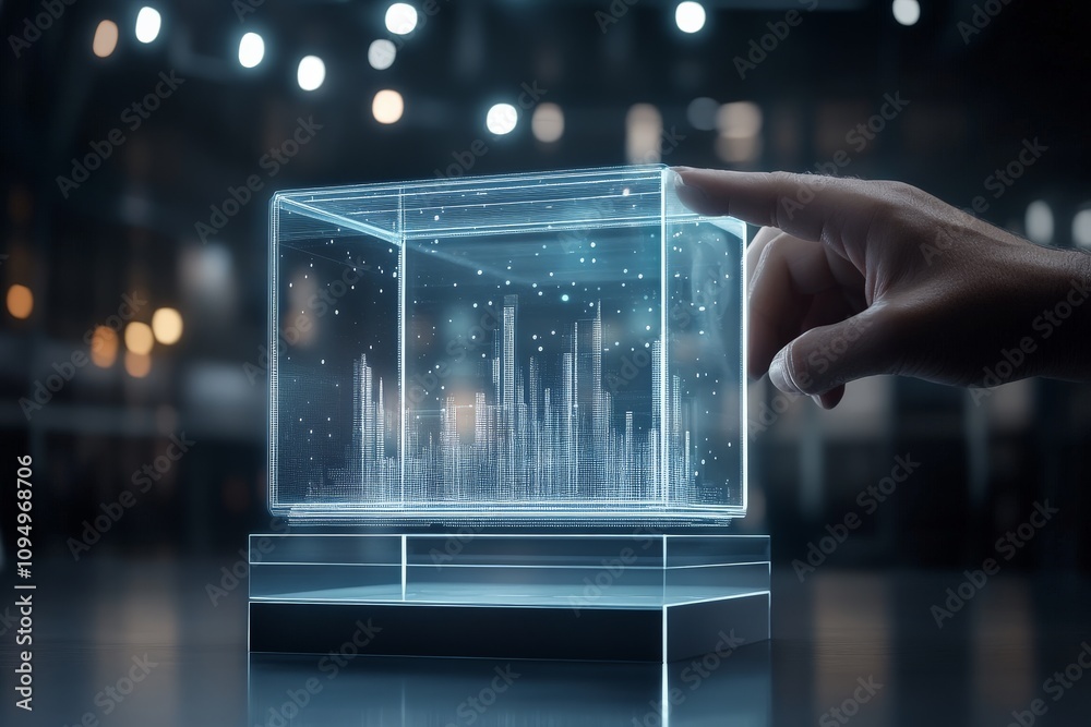 Poster a transparent cube with a futuristic display of holographic bar graphs, showcasing digital data visu
