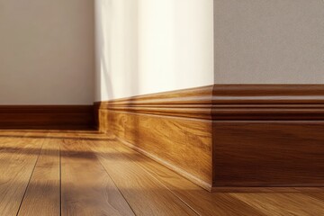 Baseboard Bedroom Wall with Oak Crown Molding and Hardwood Floor - Interior Room Decor