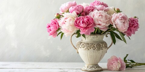 Obraz premium Watercolor peony bouquet arranged in a vintage vase, flower art, botanical prints