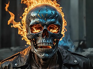 a human skeleton skull, surrounded by flames. Scene of horror and fear.