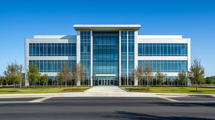 Fototapeta premium One main building with clear blue sky behind - Bright and minimal