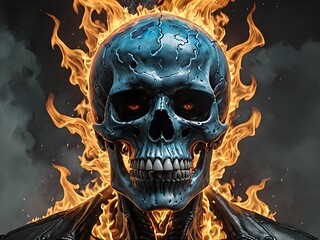 a human skeleton skull, surrounded by flames. Scene of horror and fear.