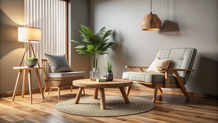 Elegant Minimalist Living Room with Retro Wooden Chair and Coffee Table, Showcasing Stylish Home Decor in a Modern Interior Design Composition