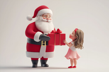 3D cartoon of santa claus with a girl. Portrait of Santa Claus with a little girl looking at a gift