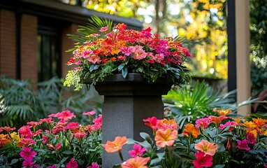 Naklejka premium Colorful petunias in a garden urn and surrounding flowerbed.