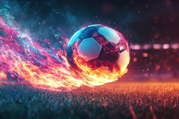 Fiery Soccer Ball Soaring Over Stadium