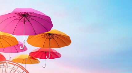 Colorful umbrellas float against a serene sky, creating a whimsical and uplifting atmosphere.