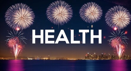 health lettering design on night sky with fireworks background new year party concept