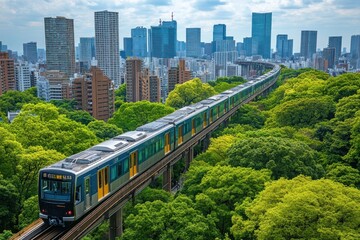 Naklejka premium Elevated public transit connects city skyscrapers while surrounded by lush foliage