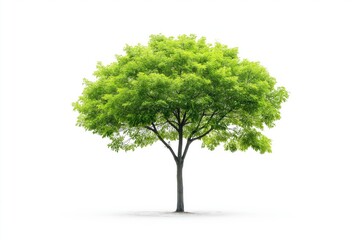 Obraz premium A large tree stands alone on a white background. The tree is lush and green, with a strong trunk and branches reaching out in all directions. Concept of peace and tranquility, as the tree stands tall