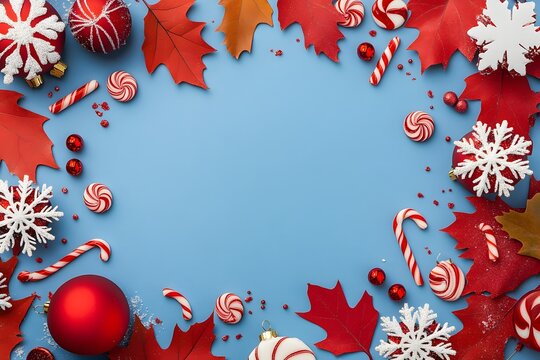 Red and white Christmas frame with candy canes, ornaments, and autumn leaves on blue background. - Powered by Adobe