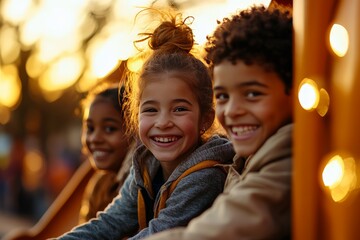 Three children share a moment of laughter and joy, leaning on a playground rail bathed in the warm glow of an evening sun, capturing the essence of carefree friendship.