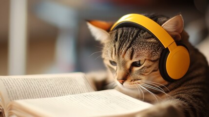 Cat wearing headphones reads a book in a cozy indoor setting during daytime