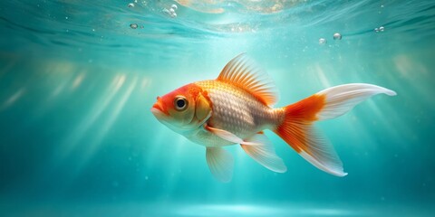Fototapeta premium An Elegant Goldfish Gracefully Swimming in the Clear Aqua Waters of a Pond