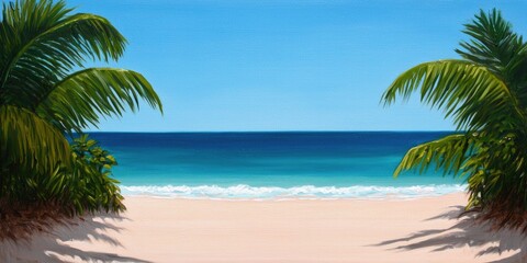 A serene beach scene with palm trees framing a tranquil ocean, featuring soft waves and clear blue skies, perfect for relaxation and escape.