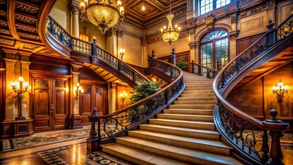 Fototapeta premium Elegant Portrait Photography of a Grand Staircase in a Luxurious Mansion Interior with Rich Textures and Dramatic Lighting, Ideal for Architectural and Interior Design Inspiration