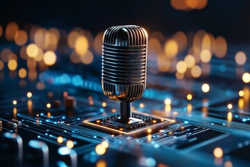 This image depicts a microphone positioned on a circuit board with ambient lighting, suggesting a fusion of technology and creativity in modern communication.