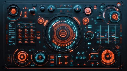 Fototapeta premium Futuristic control panel with glowing neon interface and intricate details, AI