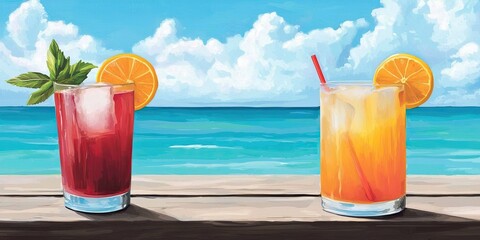Two colorful cocktails sit on a wooden deck overlooking a vibrant ocean scene, perfect for a refreshing beach getaway.