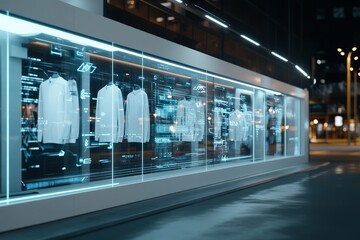 A modern storefront at night features transparent holographic displays showcasing clothing items, illuminated by blue digital overlays and city lights.