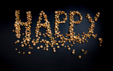 Background with the word Happy, text built from dry pet food. Graphic resources for pet shop promotion.