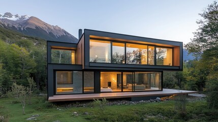 Fototapeta premium Modern Architectural Design of a Unique House Surrounded by Nature with Large Windows and Warm Interior Lighting in a Scenic Mountain Landscape