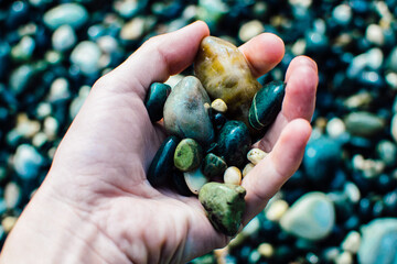 a man holds pebbles from the sea coast in his hands