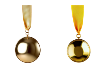 Two shiny gold medals with yellow ribbons, symbolizing achievement and victory. transparent background.