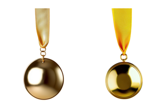 Two shiny gold medals with yellow ribbons, symbolizing achievement and victory. transparent background.