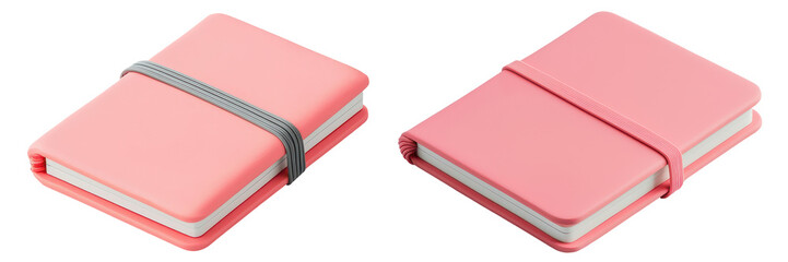 Two stylish pink notebooks with elastic bands, perfect for jotting down notes or ideas. transparent background.