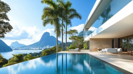 Fototapeta premium Luxurious Modern Villa with Infinity Pool Overlooking Scenic Mountain Landscape and City Skyline in Rio de Janeiro, Brazil on a Clear Sunny Day