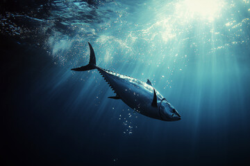 A large bluefin tuna swimming gracefully in the deep blue ocean, surrounded by bubbles and sunlight.