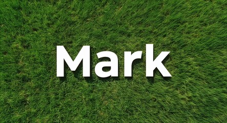 Mark white lettering on grass background
