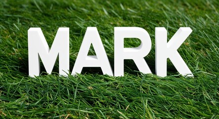 Mark white lettering on grass background