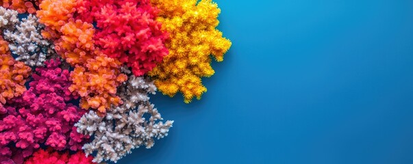 A vibrant arrangement of colorful flowers against a blue background, showcasing various hues and shapes that evoke beauty and freshness.