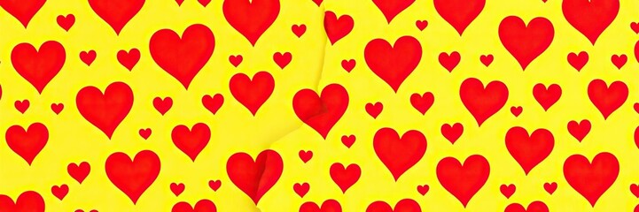 Yellow paper with a bold and striking red heart pattern featuring dynamic shapes, colorful pattern, yellow background, geometric shape