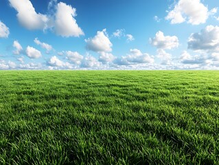 Obraz premium Green fields without people, clear air during the day, clear sky, beautiful white clouds floating around, giving a sense of openness, freshness, suitable for use as a background, with plenty of space.
