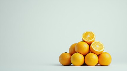 Fresh Oranges Stacked in a Pyramid with One Cut Orange on Top Against a Light Background, Perfect for Culinary or Health Related Themes in Stock Photography