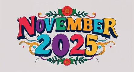 november 2025 artistic colorful style lettering on plain white background