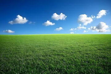Fototapeta premium Green fields without people, clear air during the day, clear sky, beautiful white clouds floating around, giving a sense of openness, freshness, suitable for use as a background, with plenty of space.