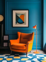 Orange Armchair in Teal Room with Abstract Art