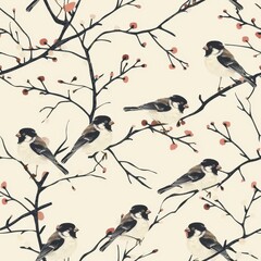 Minimalist Seamless Pattern Featuring Sparrows on Delicate Branches with Soft Floral Accents Ideal for Fabric Design or Craft Projects