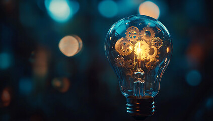 Abstract light bulb with gears and cogs, symbolizing innovation in digital marketing. Glowing lights, dark blue background